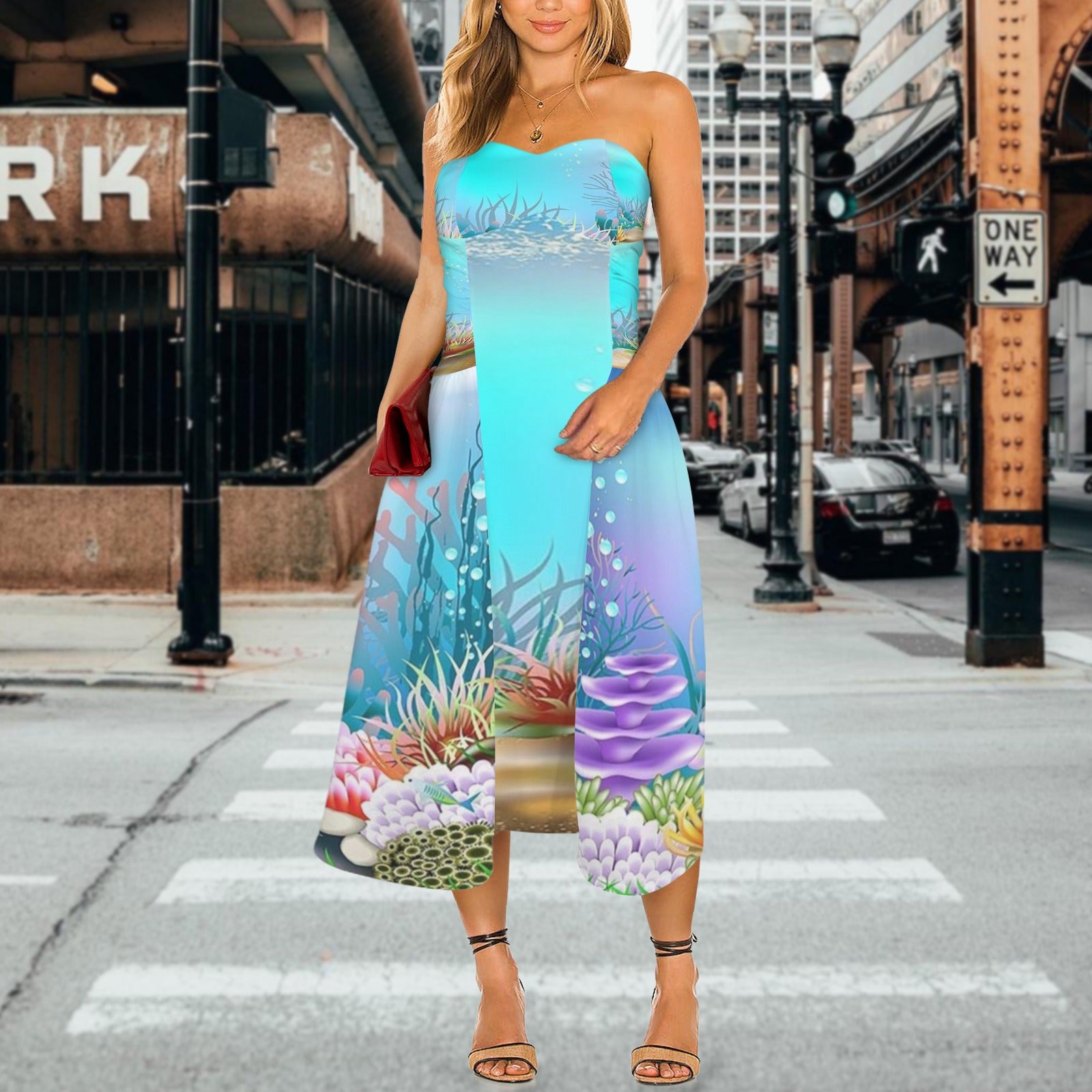 Underwater Women's Strapless Waist-Cinched Flowy Maxi Dress