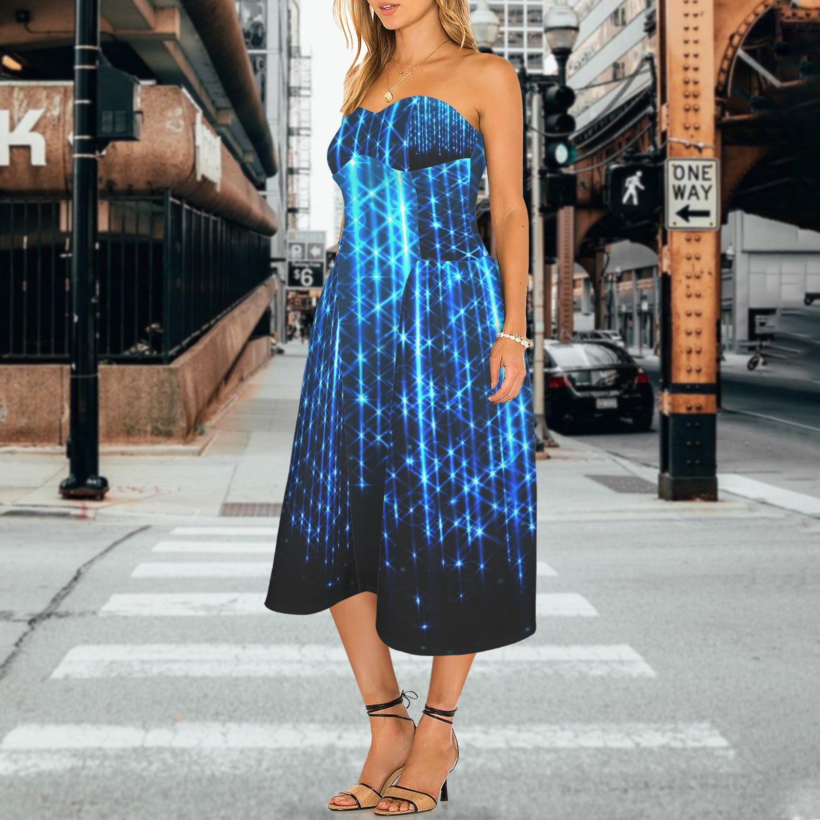 Bright Neon Stripes of light  Women's Strapless Waist-Cinched Flowy Maxi Dress