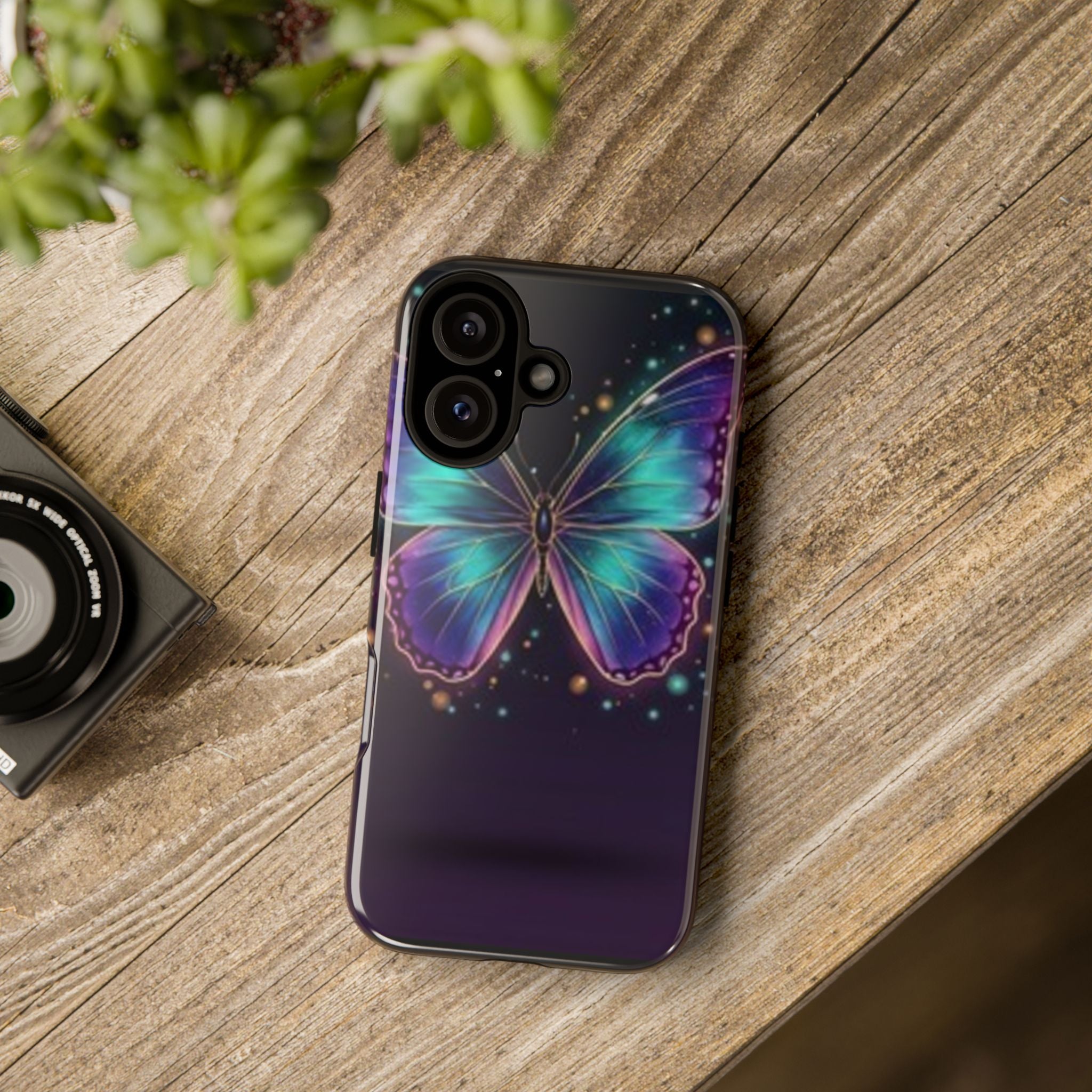 Compatible with iPhone 16 Neon Purple Teal Butterfly Phone Case | Tough Case