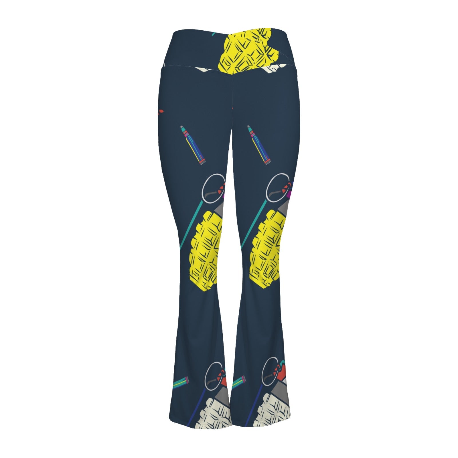Women's V-Crossover High Waisted Flare Leggings Colorful Pop Art Grenades