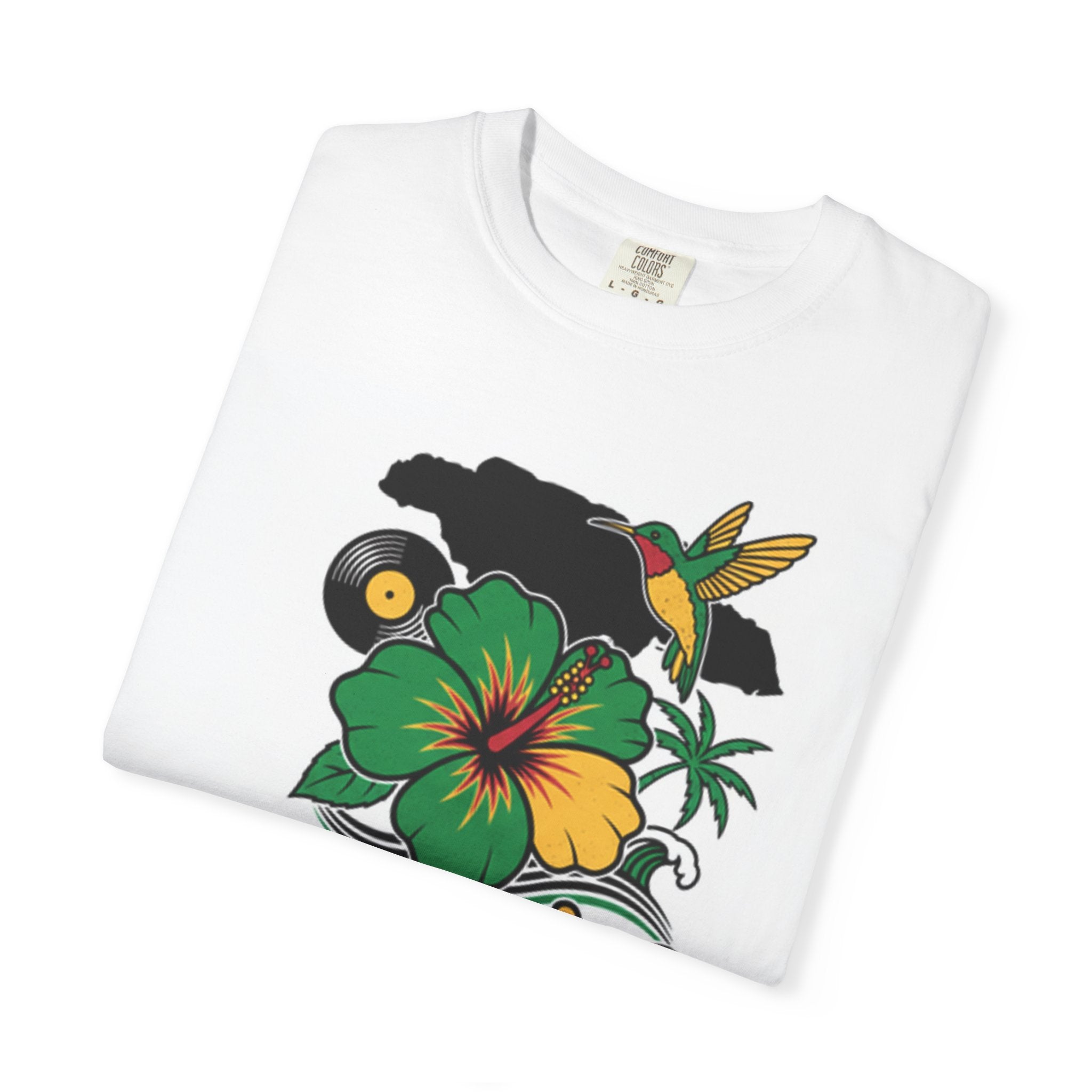 Jamaica Hibiscus & Record T-Shirt | Tropical Palm Hummingbird Tee