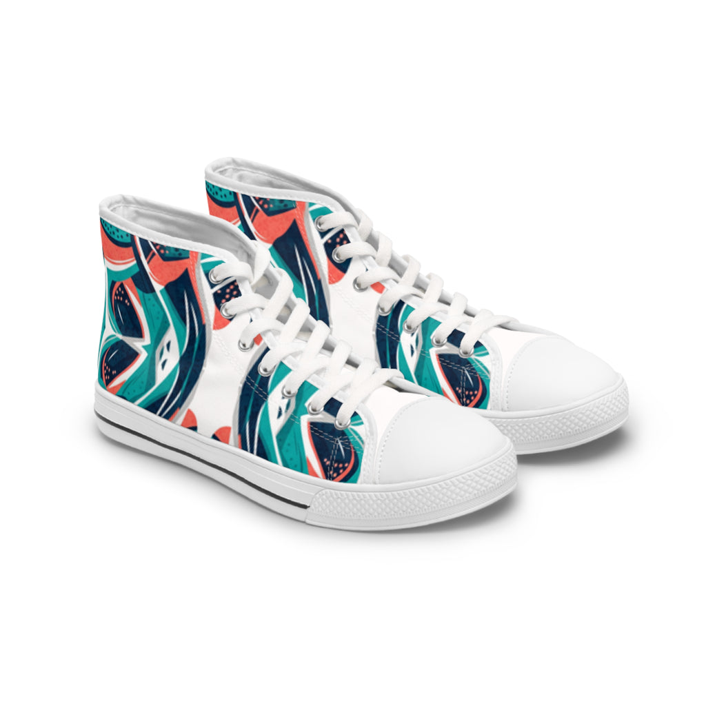 Abstract Teal Coral Wave Pattern Women's High Top Sneakers | Artistic Printed Shoes