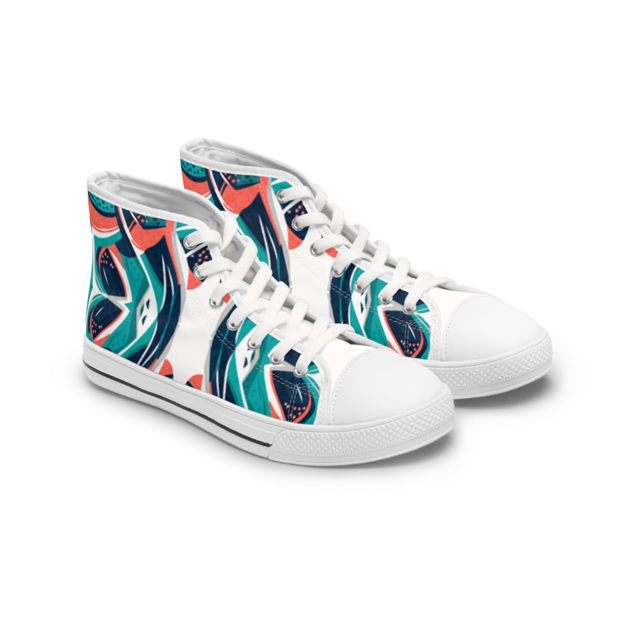 Abstract Teal Coral Wave Pattern Women's High Top Sneakers | Artistic Printed Shoes