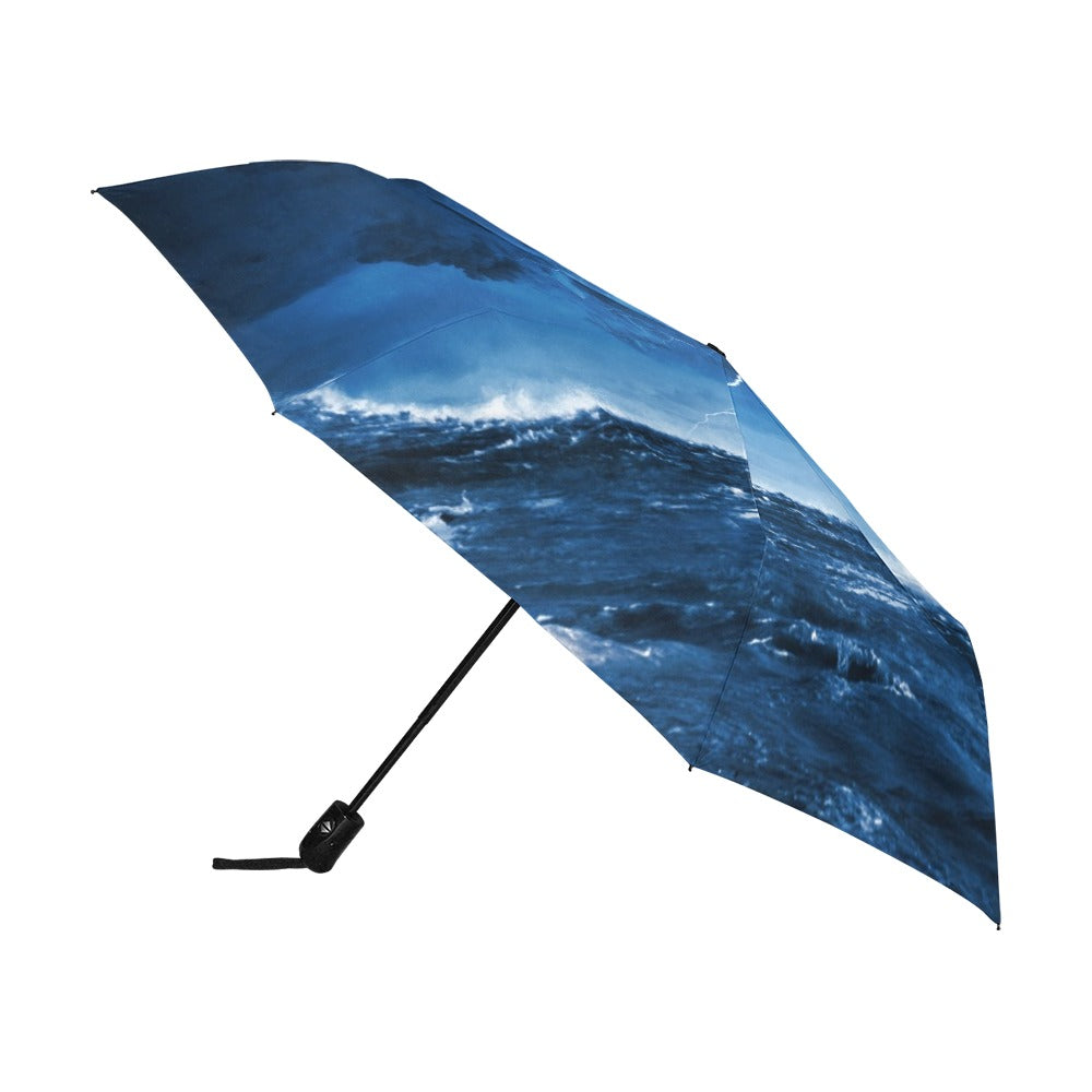 Image of Night Stormy Sea with  Big Waves and lightning Anti-UV Auto-Foldable Umbrella (Model U09)