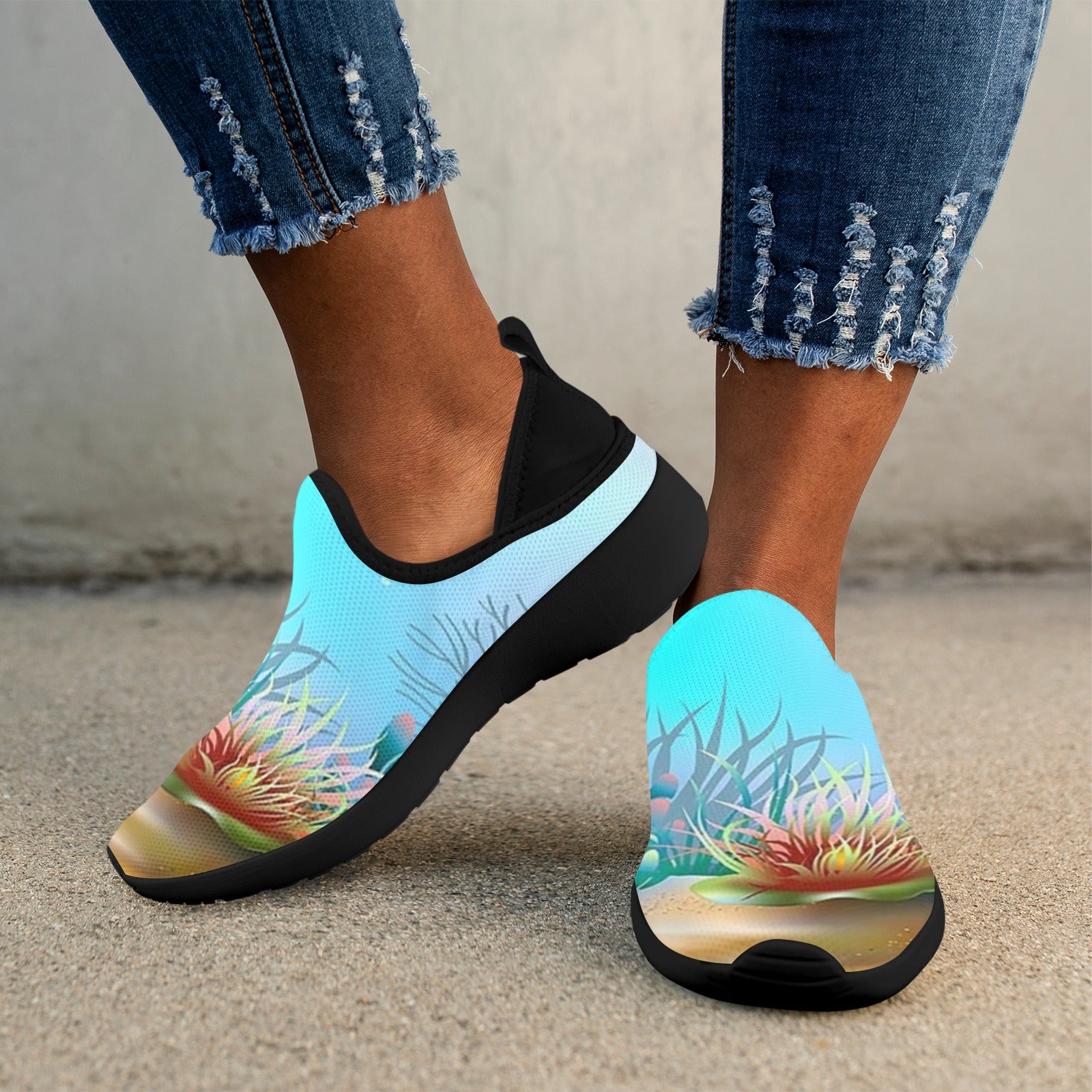 Underwater Scene Fly Weave Sneakers Drop-in-Heel for Women(Model 02002)