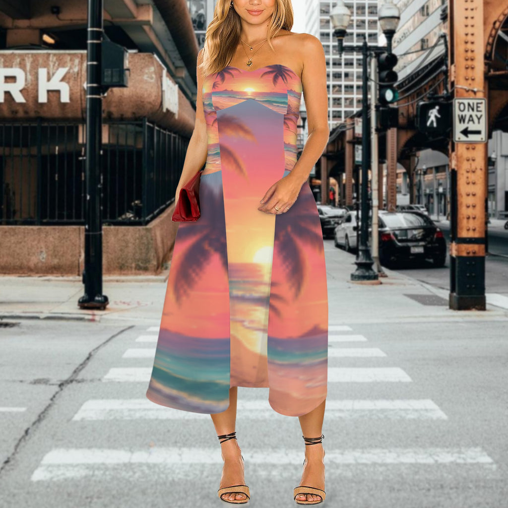 Sunrise Palm Women's Strapless Waist-Cinched Flowy Maxi Dress