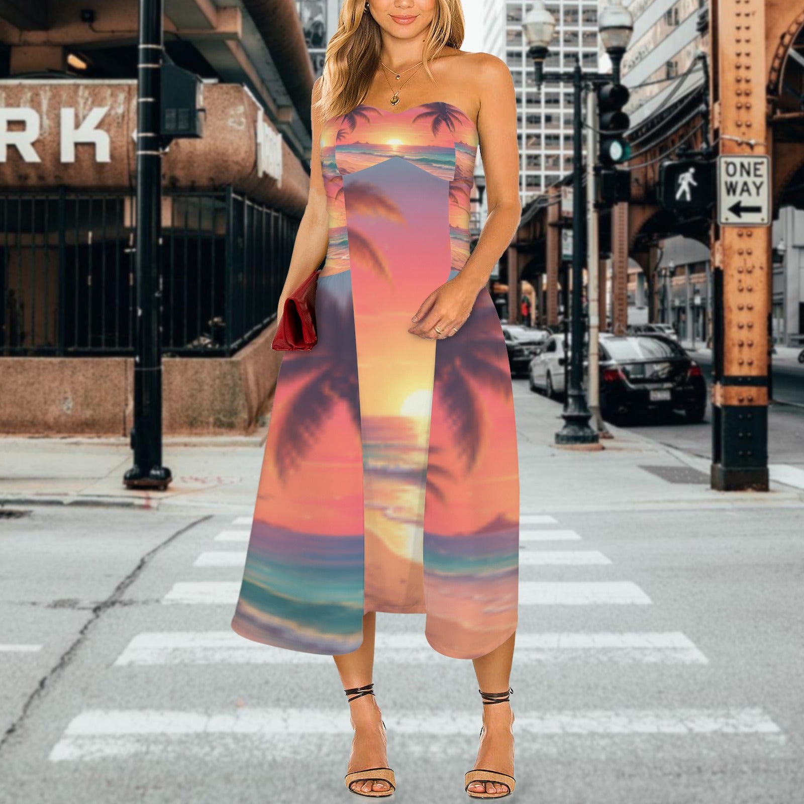 Sunrise Palm Women's Strapless Waist-Cinched Flowy Maxi Dress