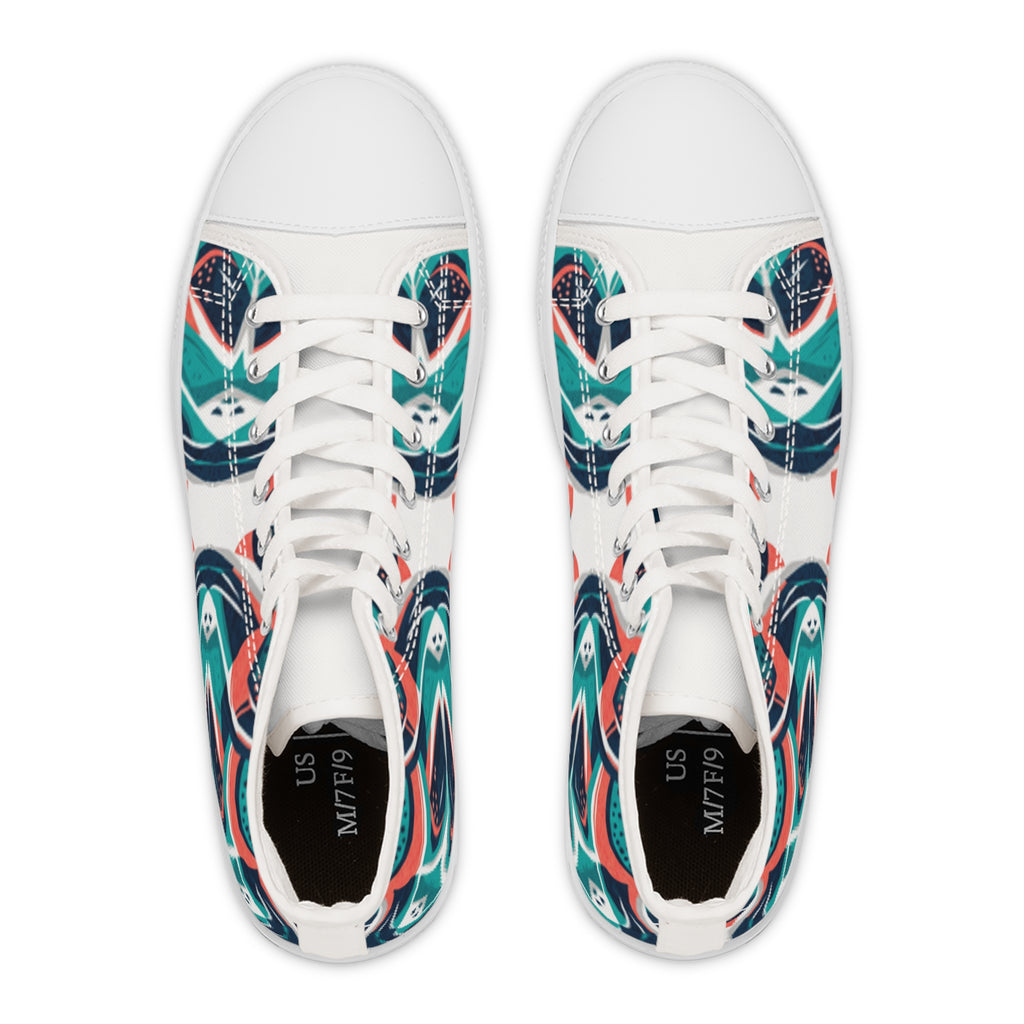 Abstract Teal Coral Wave Pattern Women's High Top Sneakers | Artistic Printed Shoes