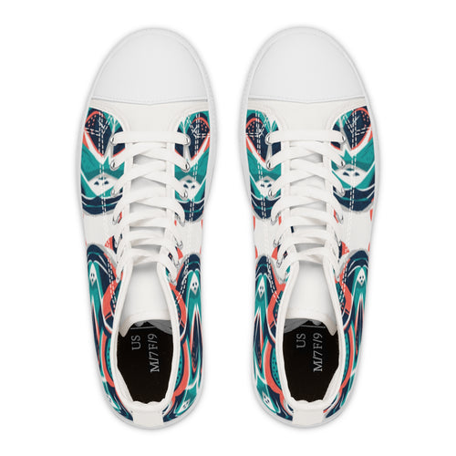 Abstract Teal Coral Wave Pattern Women's High Top Sneakers | Artistic Printed Shoes