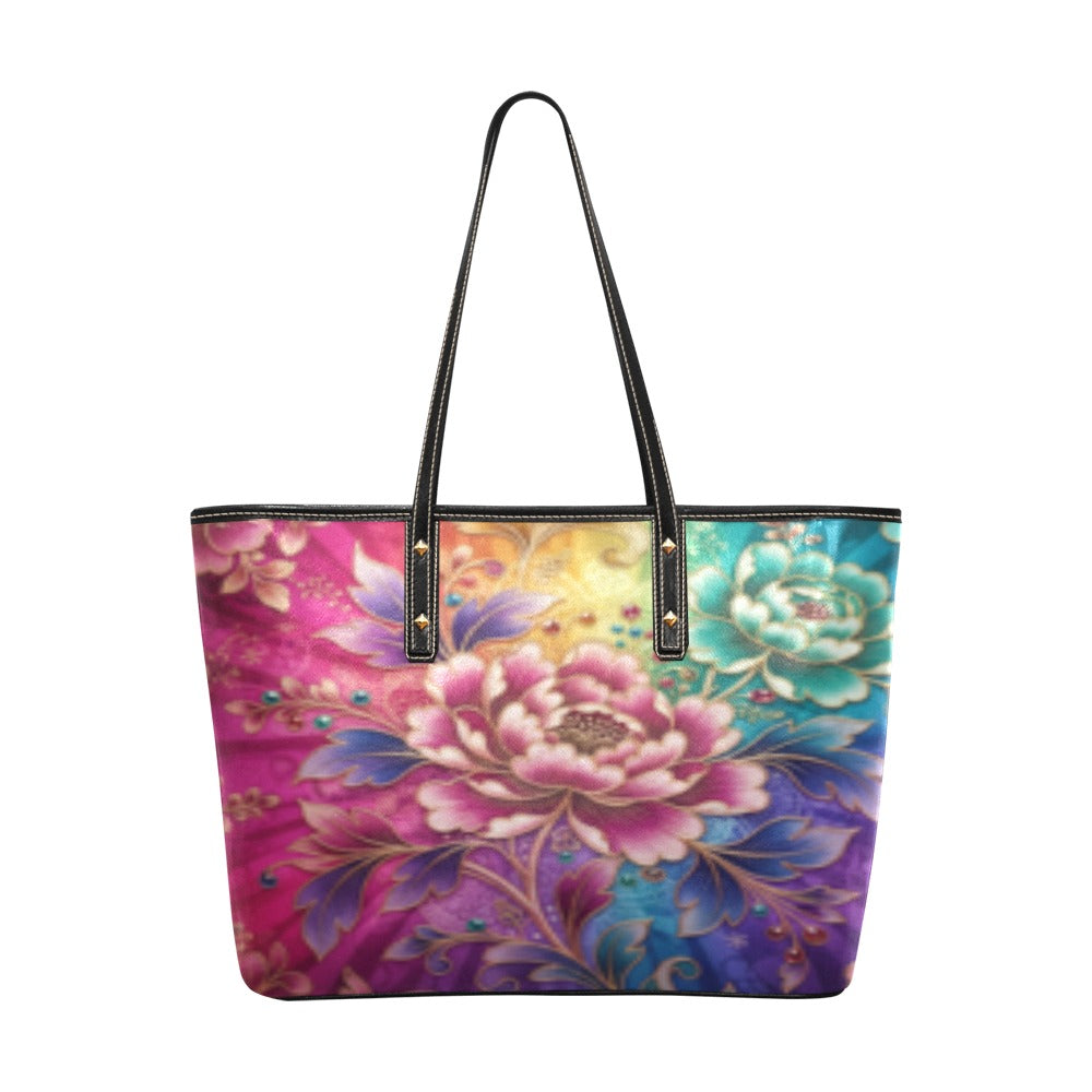 Glowing Colorful Flowery PU Leather Tote Hand Bag (Model1709)