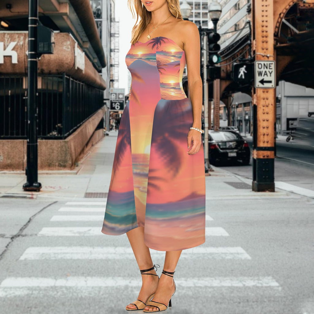 Sunrise Palm Women's Strapless Waist-Cinched Flowy Maxi Dress