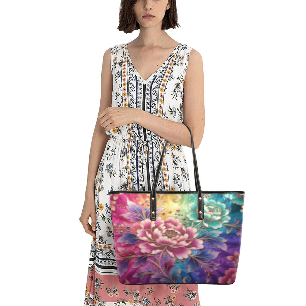 Glowing Colorful Flowery PU Leather Tote Hand Bag (Model1709)