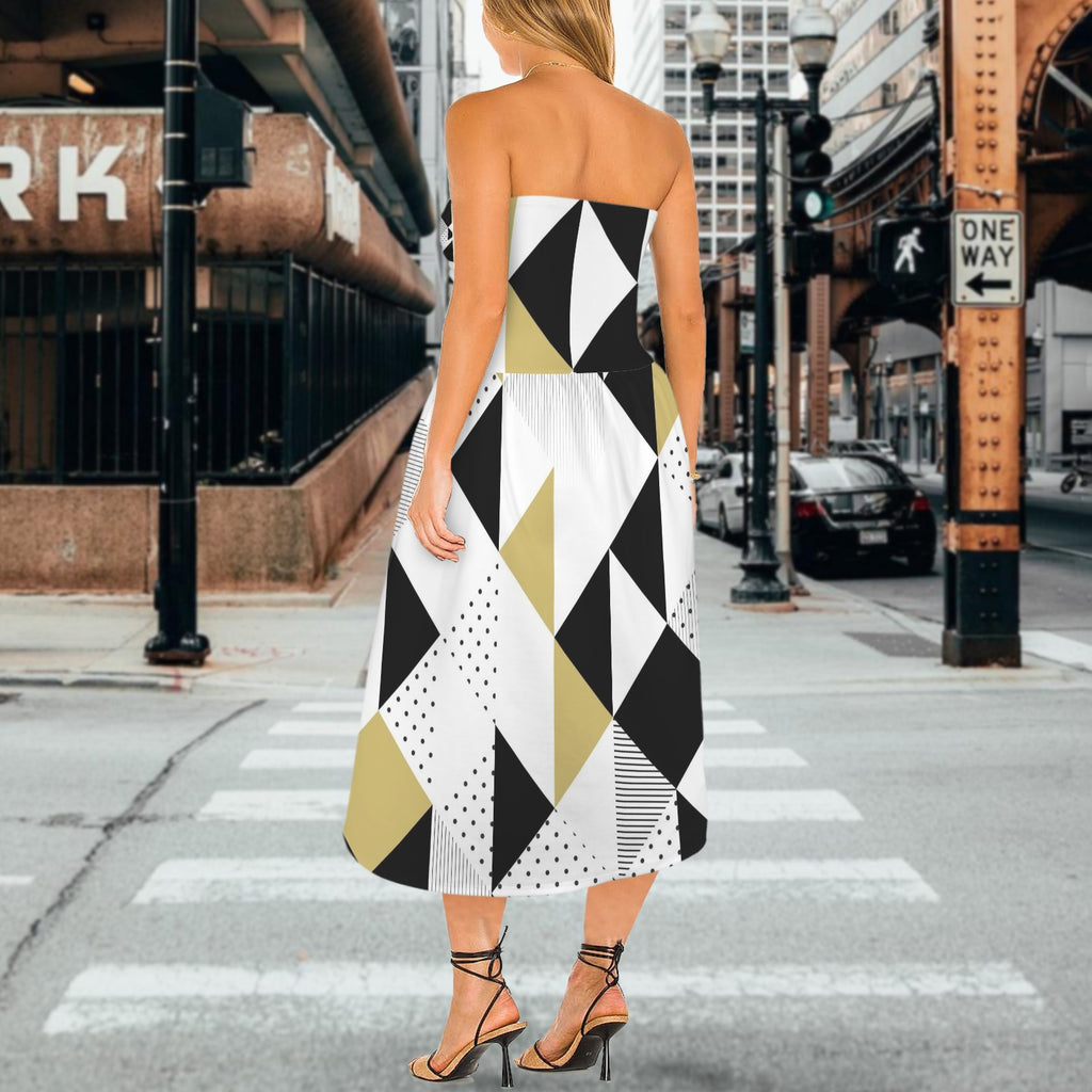 Abstract Seamless Pattern Women's Strapless Waist-Cinched Flowy Maxi Dress