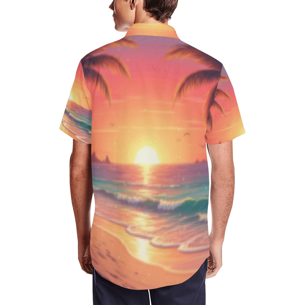 Sunrise Palm Men's Short Sleeve Shirt With Lapel Collar (Model T54)