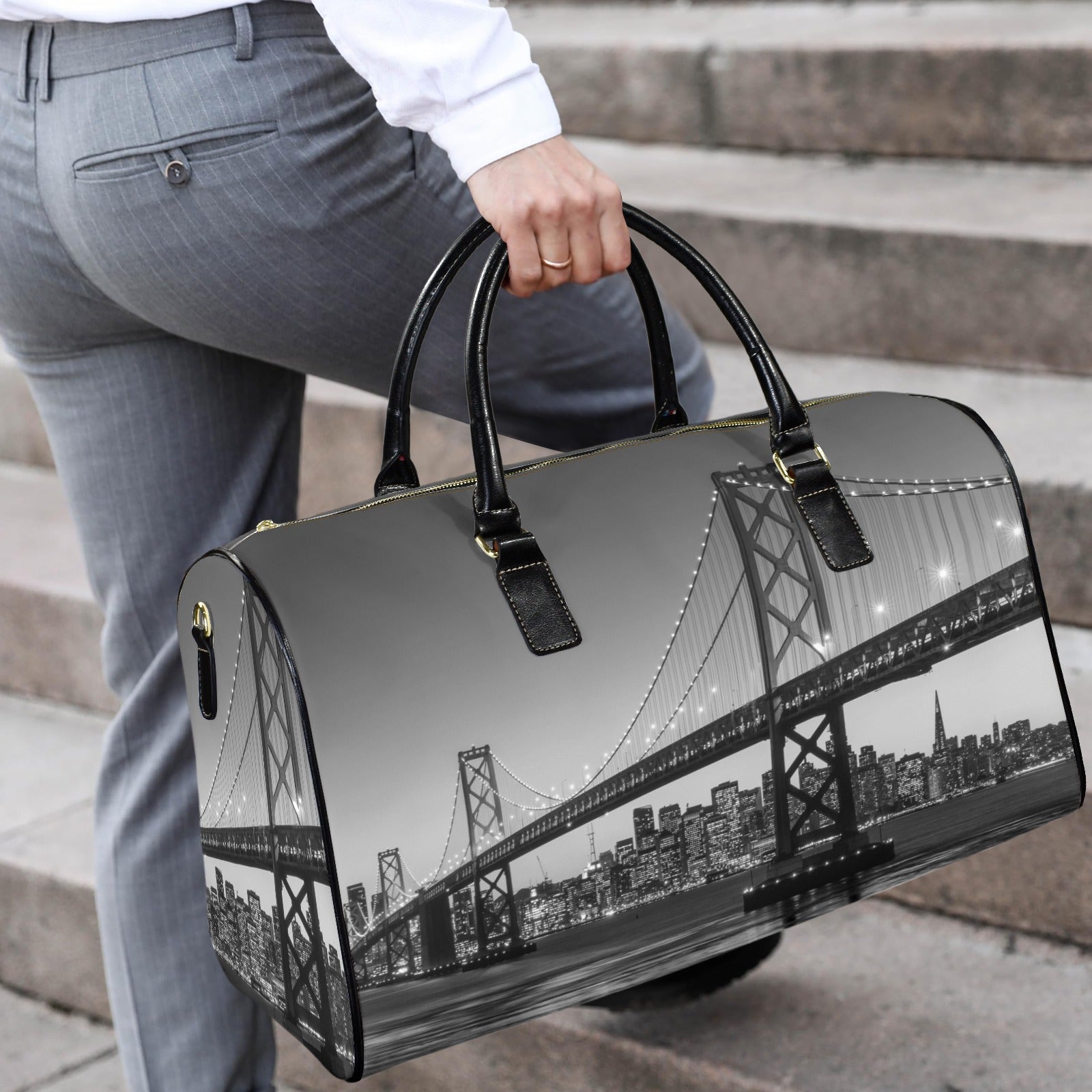 San Francisco Skyline and Bay Bridge Travel Bag-Large (Black Short Patch) (Model 1735)