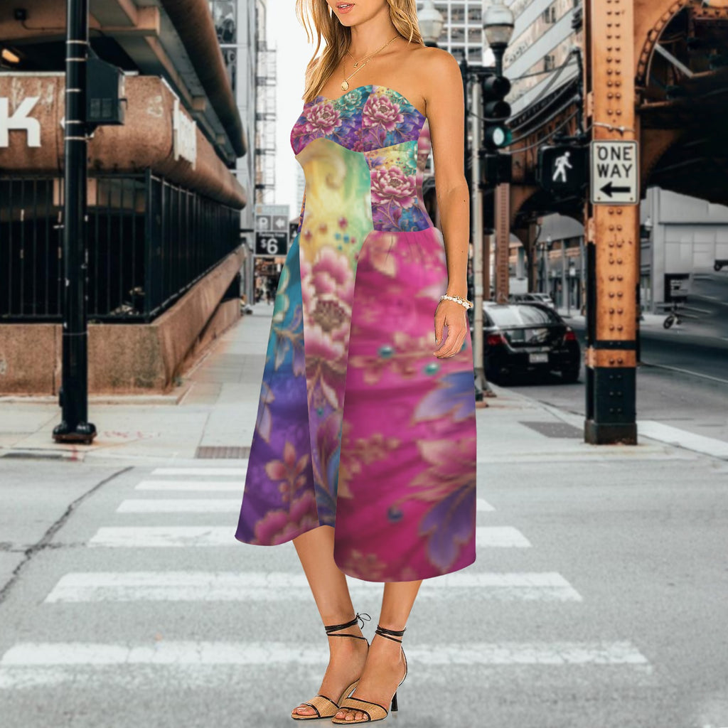 Floral Women's Strapless Waist-Cinched Flowy Maxi Dress