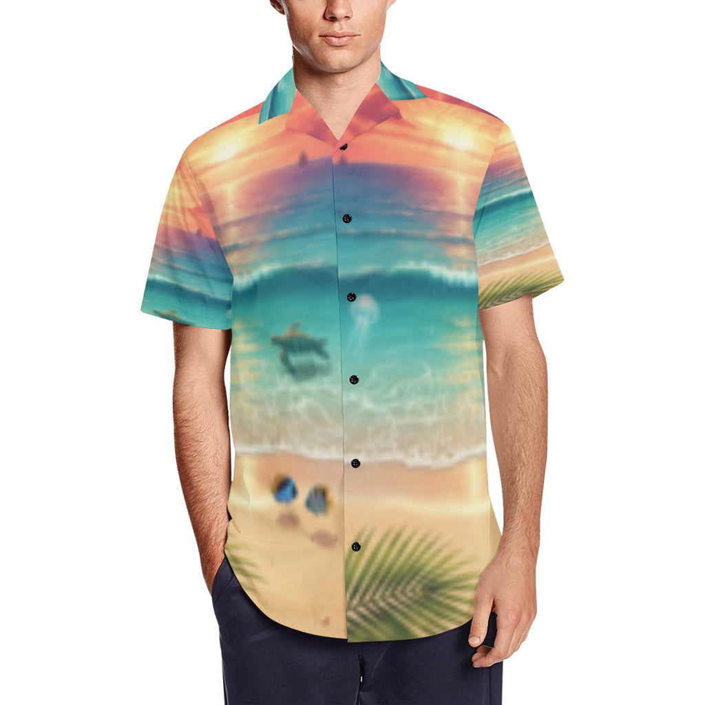 Ocean Sunset Palm Men's Short Sleeve Shirt With Lapel Collar (Model T54)