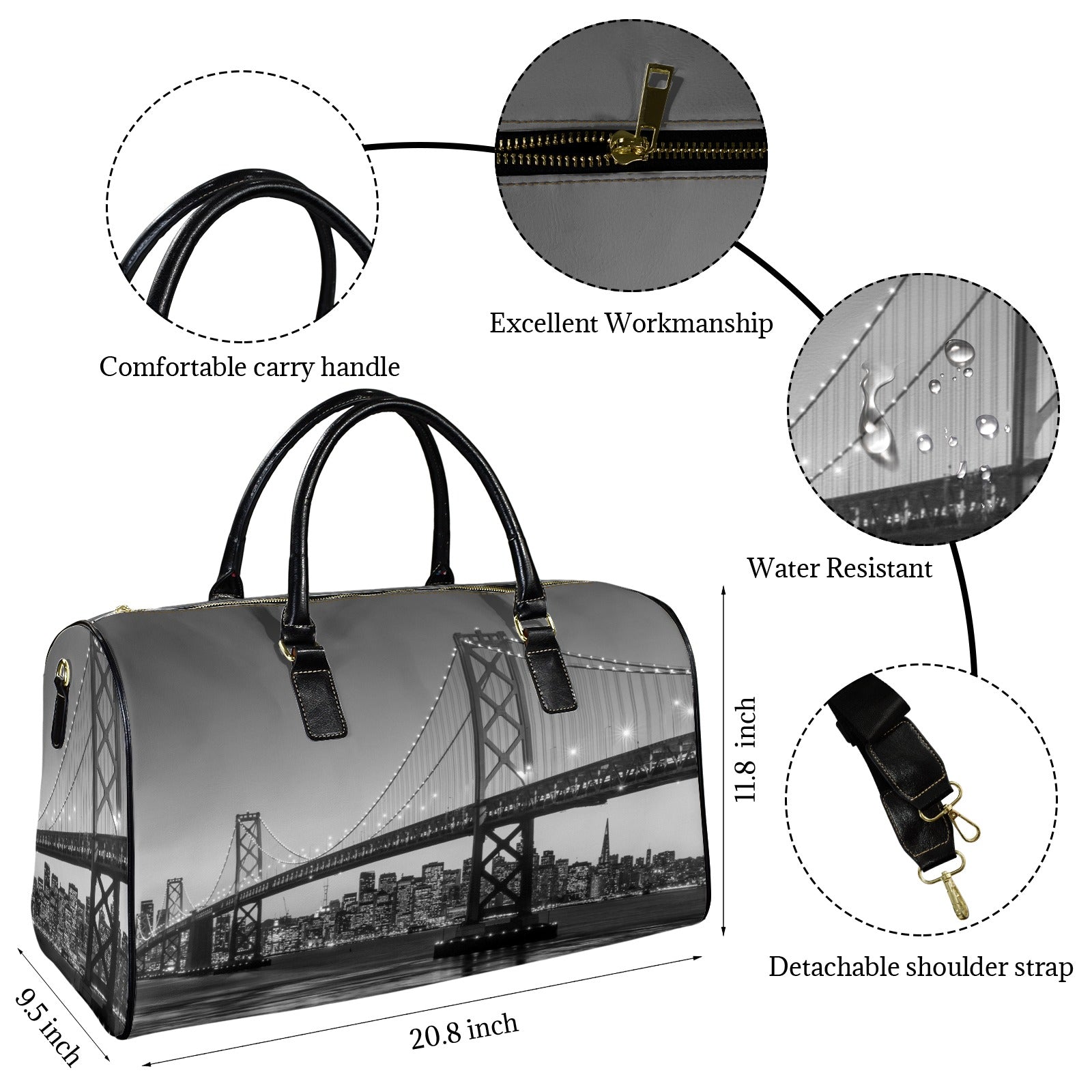 San Francisco Skyline and Bay Bridge Travel Bag-Large (Black Short Patch) (Model 1735)