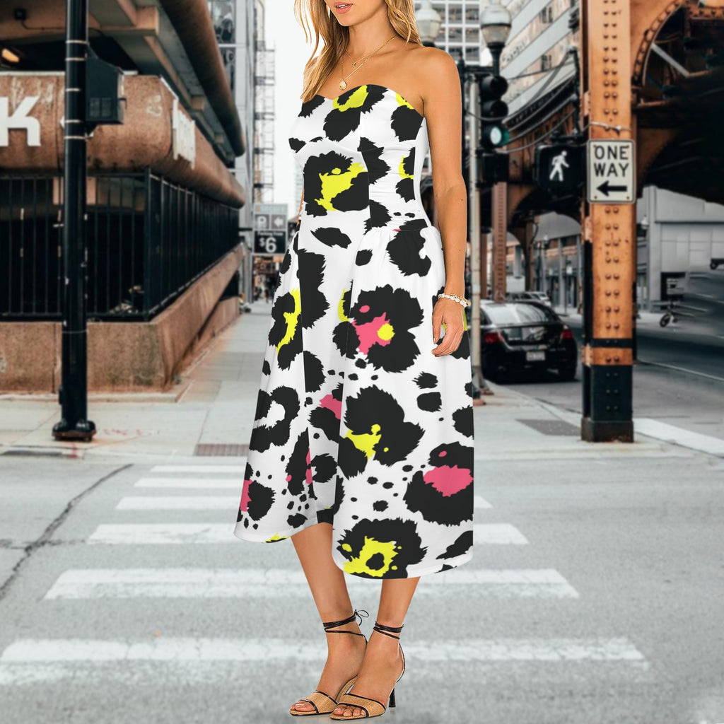 Women's Strapless Waist-Cinched Flowy Maxi Dress