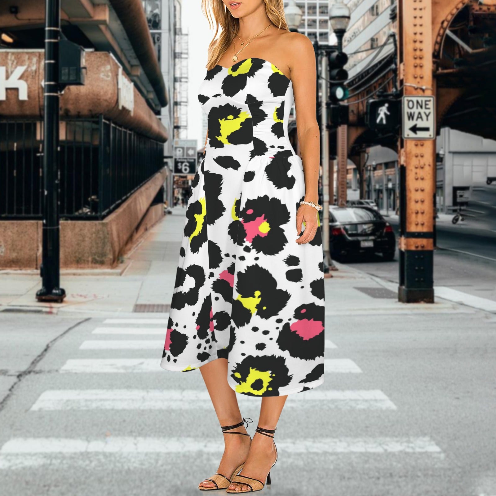 Women's Strapless Waist-Cinched Flowy Maxi Dress
