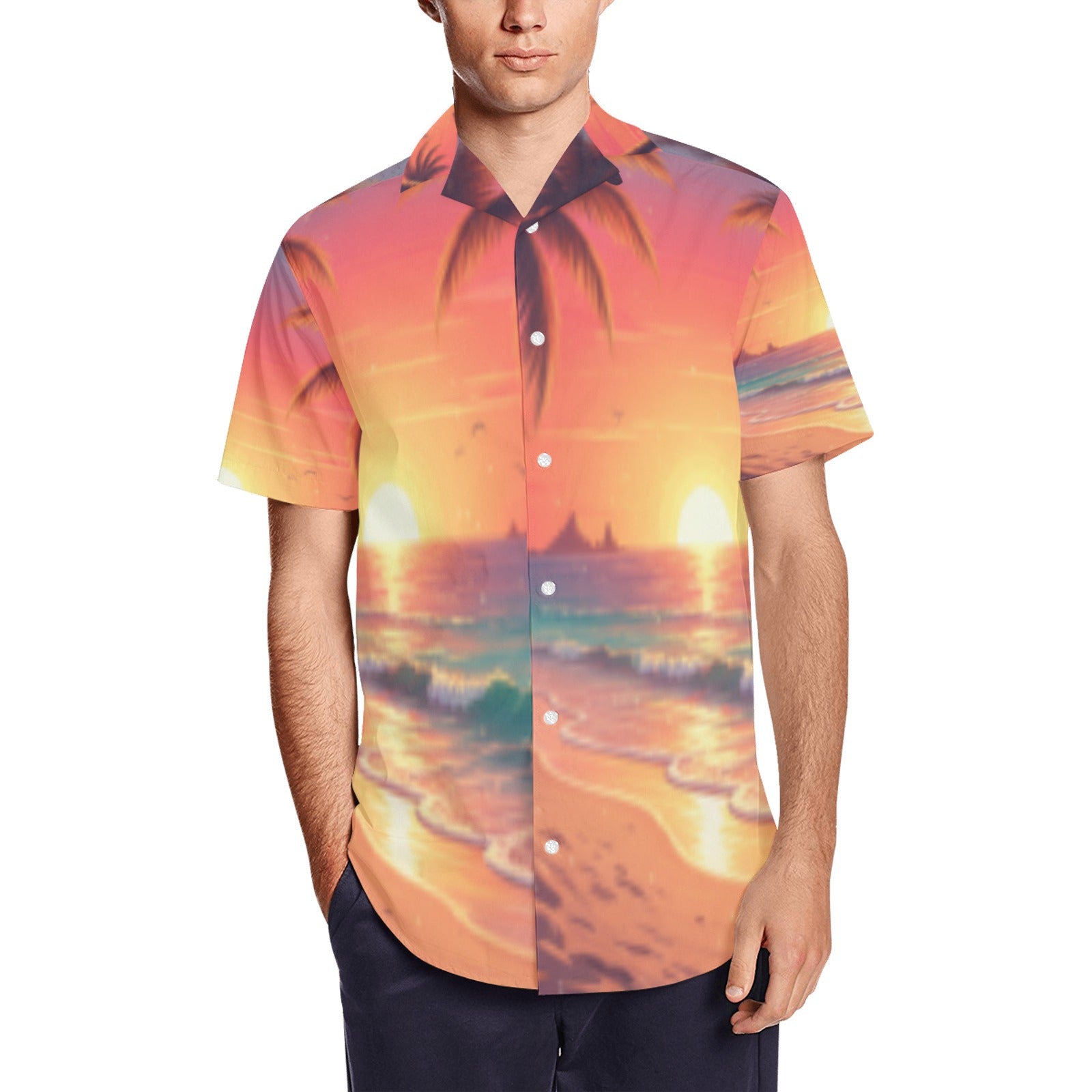 Sunrise Palm Men's Short Sleeve Shirt With Lapel Collar (Model T54)