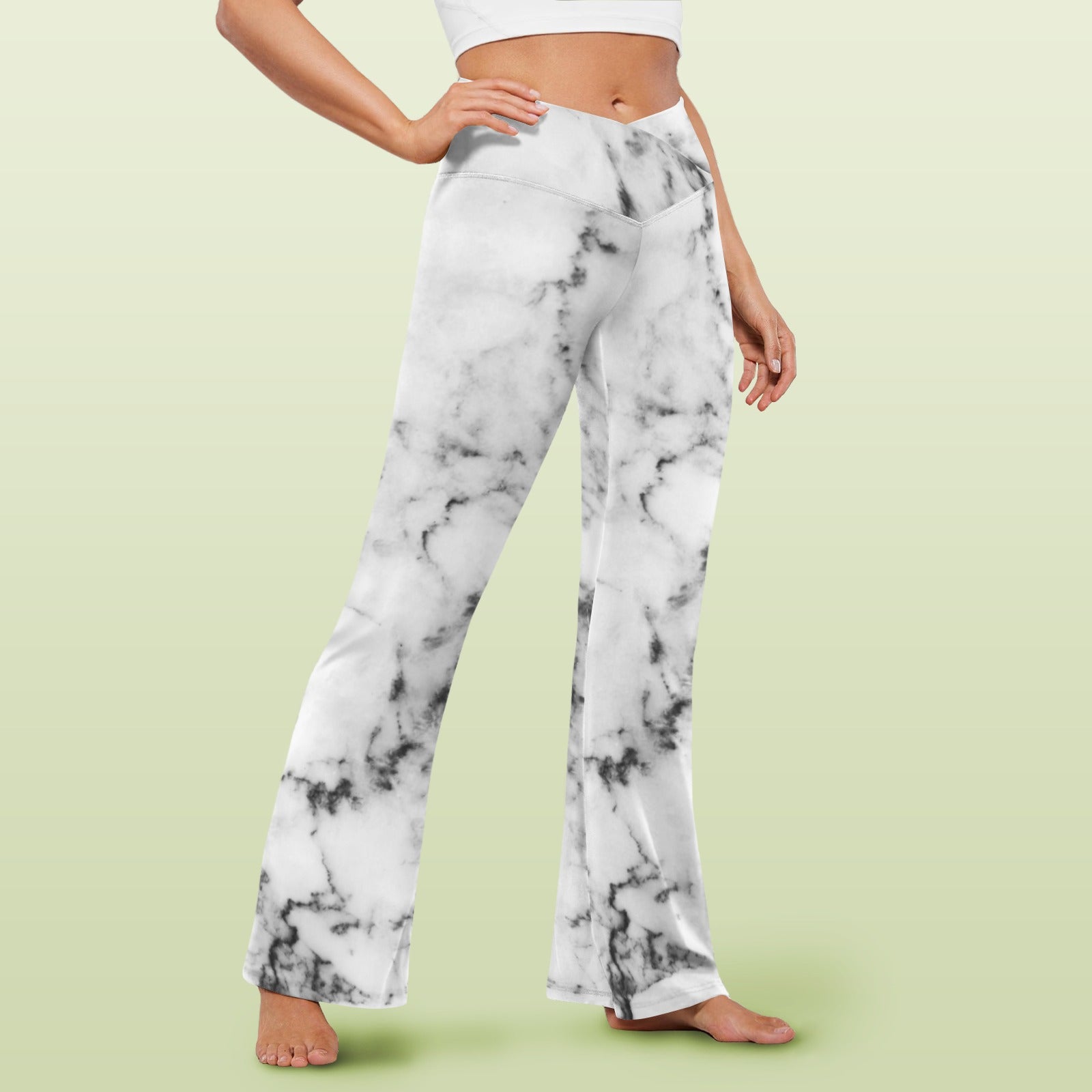 Women's V-Crossover High Waisted Flare Leggings white marble wall texture