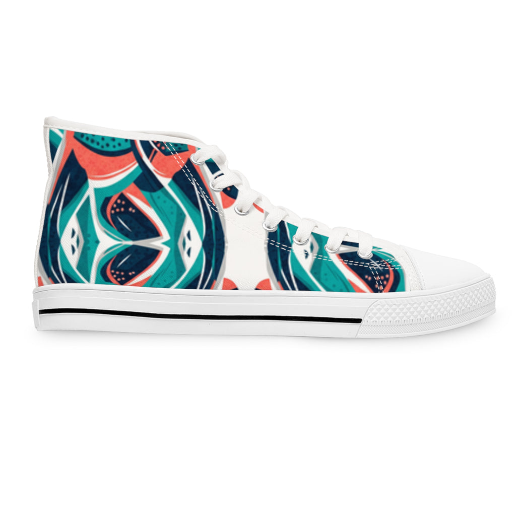 Abstract Teal Coral Wave Pattern Women's High Top Sneakers | Artistic Printed Shoes
