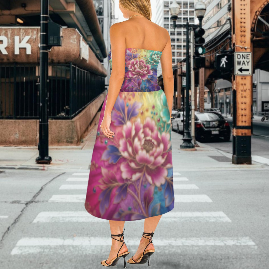 Floral Women's Strapless Waist-Cinched Flowy Maxi Dress