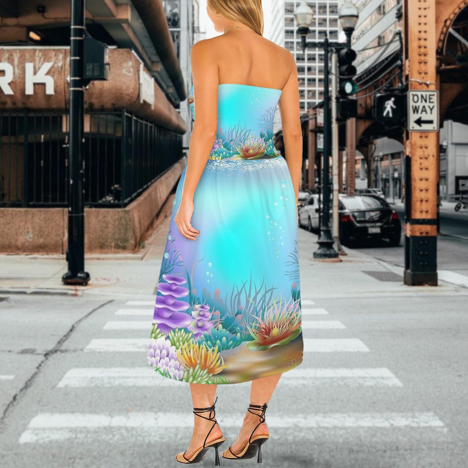 Underwater Women's Strapless Waist-Cinched Flowy Maxi Dress