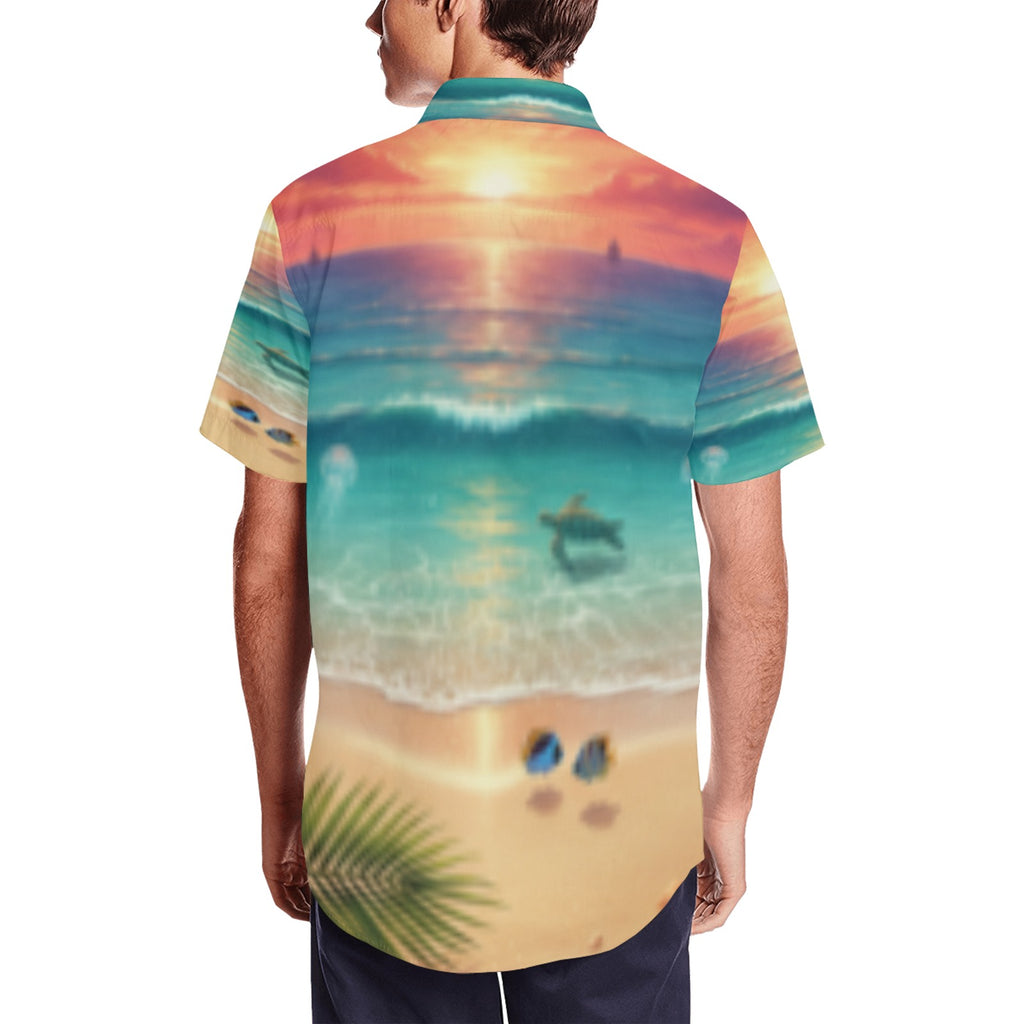 Ocean Sunset Palm Men's Short Sleeve Shirt With Lapel Collar (Model T54)