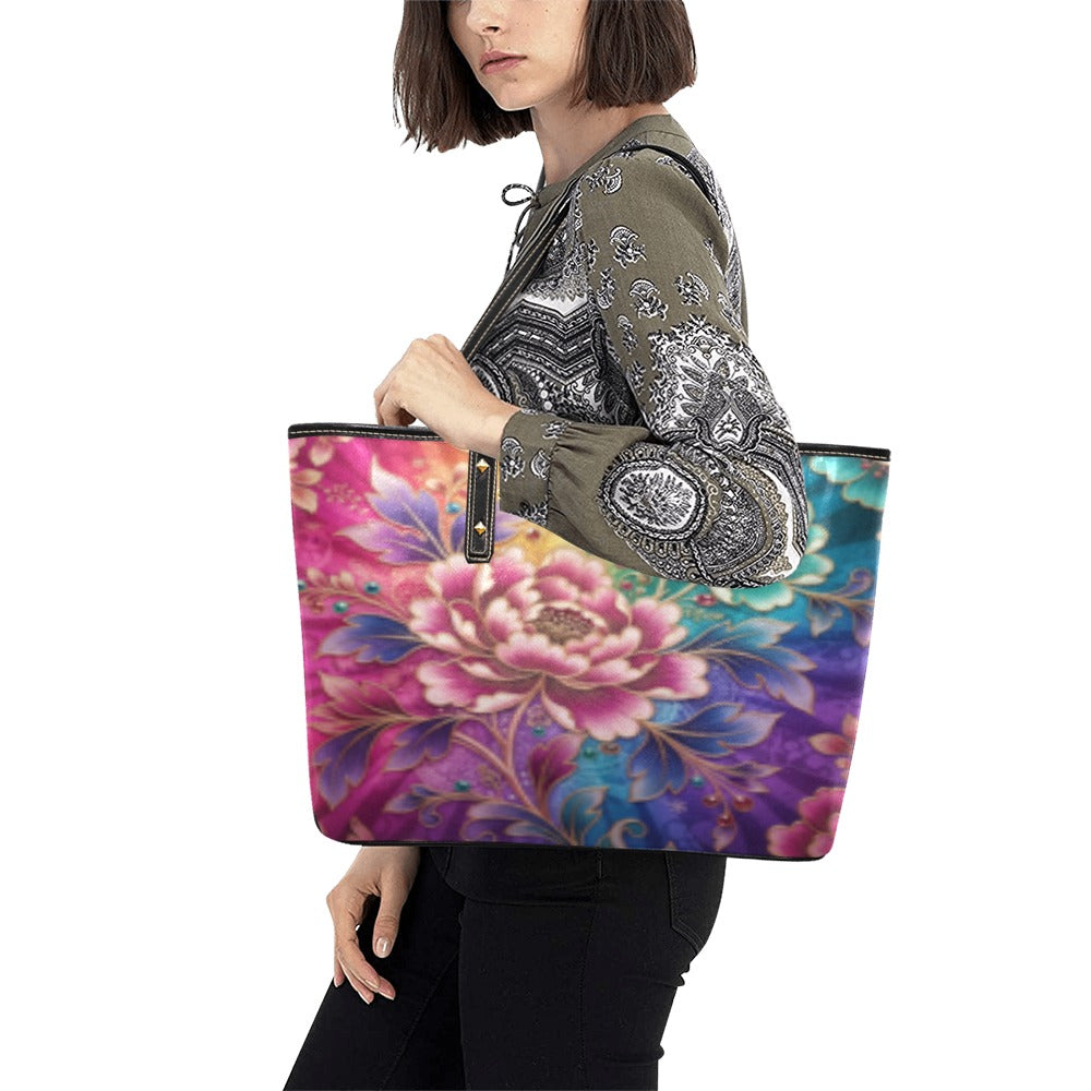 Glowing Colorful Flowery PU Leather Tote Hand Bag (Model1709)