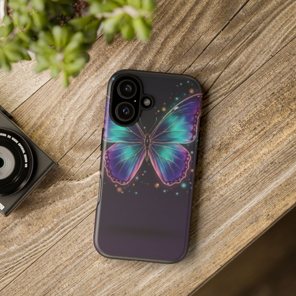 Compatible with iPhone 16 Neon Purple Teal Butterfly Phone Case | Tough Case