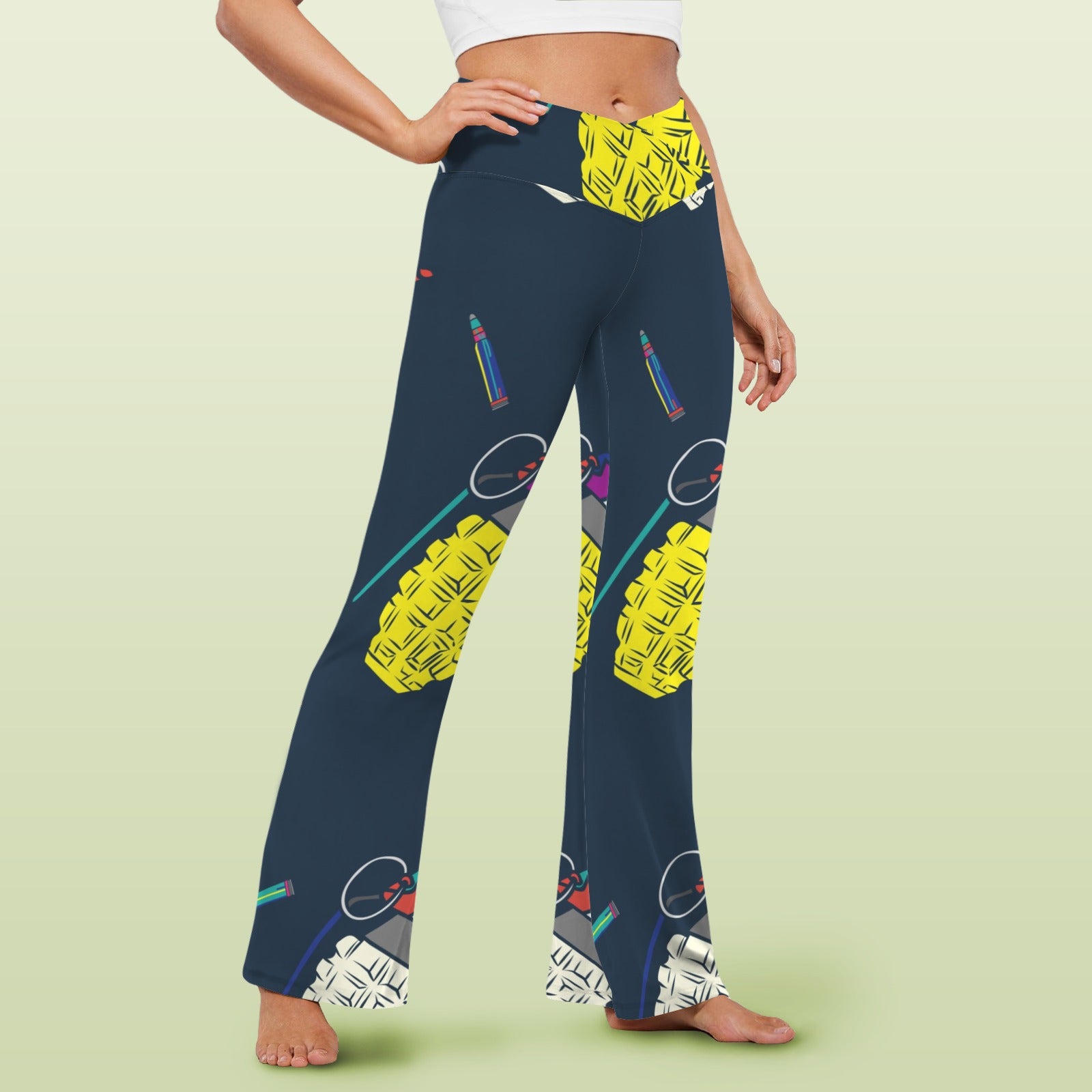 Women's V-Crossover High Waisted Flare Leggings Colorful Pop Art Grenades