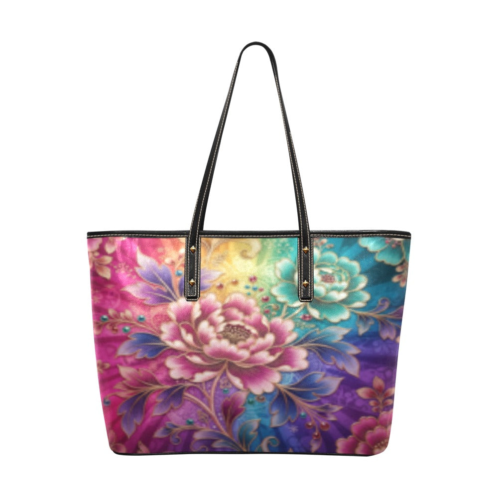 Glowing Colorful Flowery PU Leather Tote Hand Bag (Model1709)