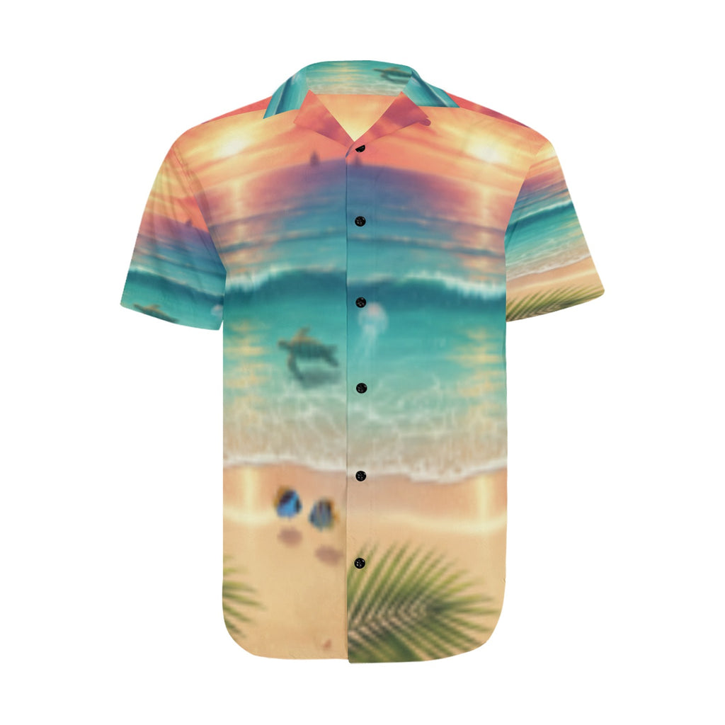 Ocean Sunset Palm Men's Short Sleeve Shirt With Lapel Collar (Model T54)