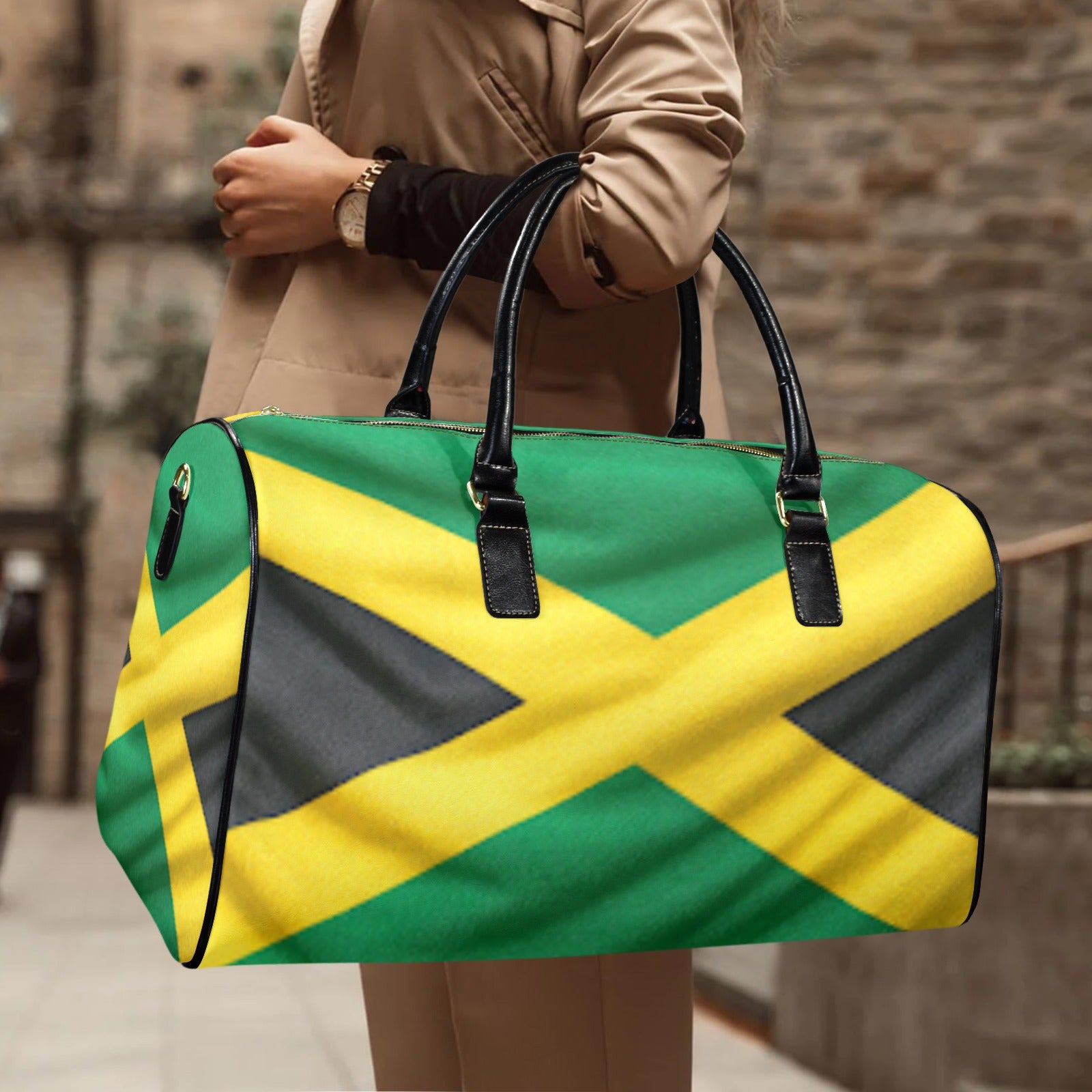 Jamaican Flag Custom Travel Bag-Large (Black Short Patch)(Model 1735)