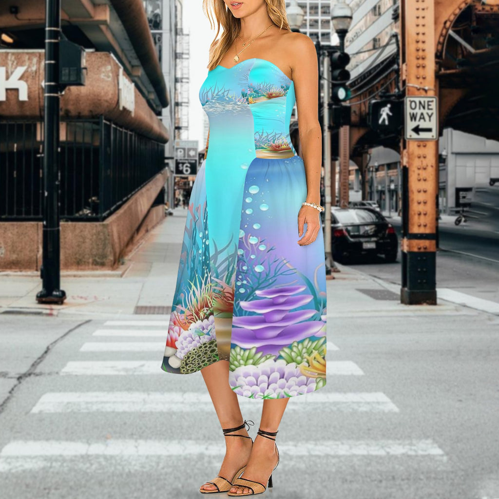 Underwater Women's Strapless Waist-Cinched Flowy Maxi Dress
