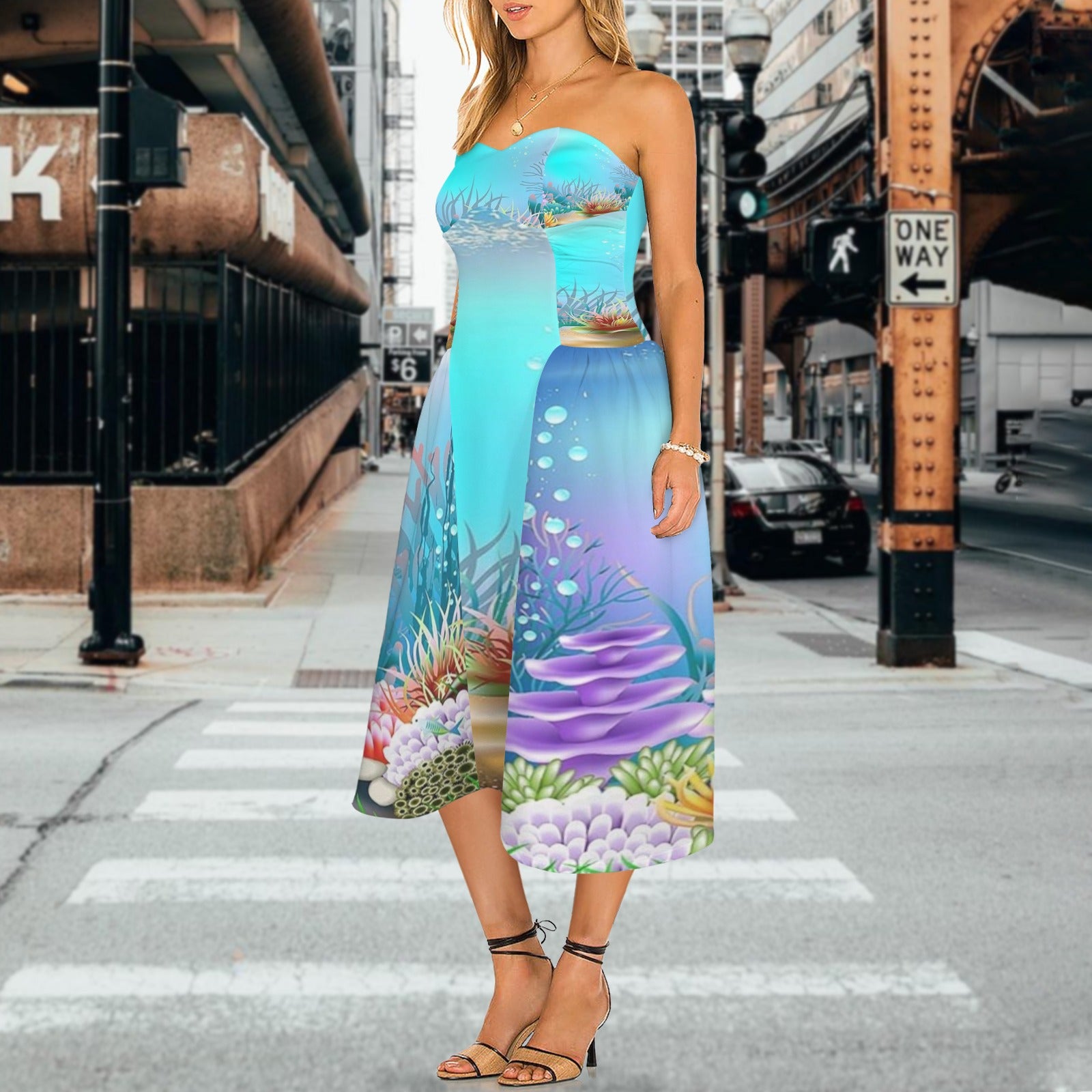 Underwater Women's Strapless Waist-Cinched Flowy Maxi Dress