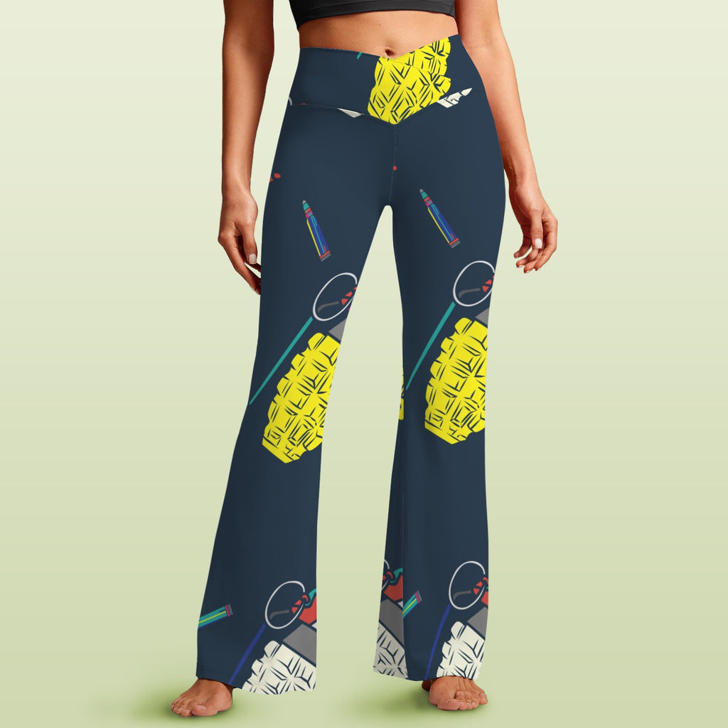 Women's V-Crossover High Waisted Flare Leggings Colorful Pop Art Grenades