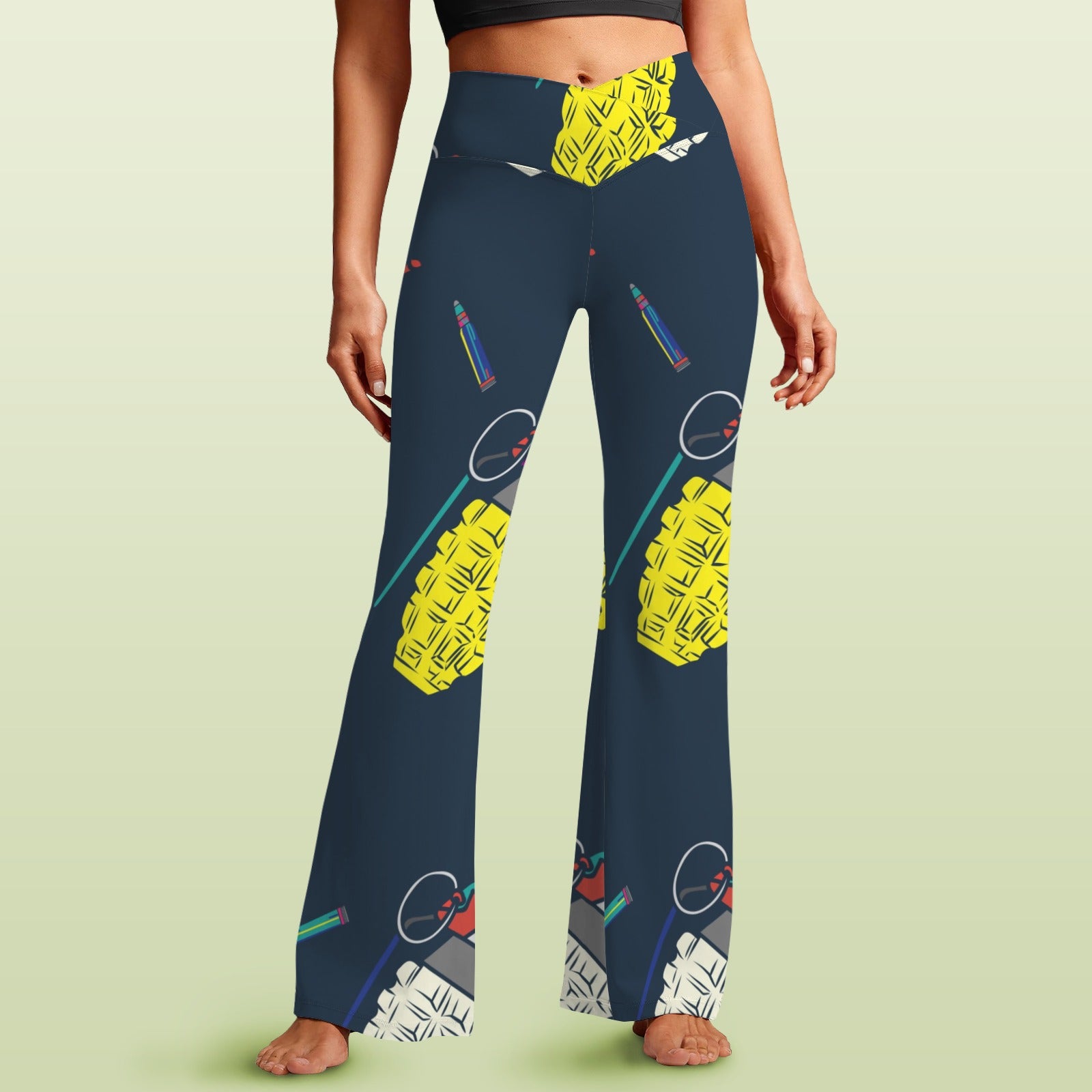 Women's V-Crossover High Waisted Flare Leggings Colorful Pop Art Grenades
