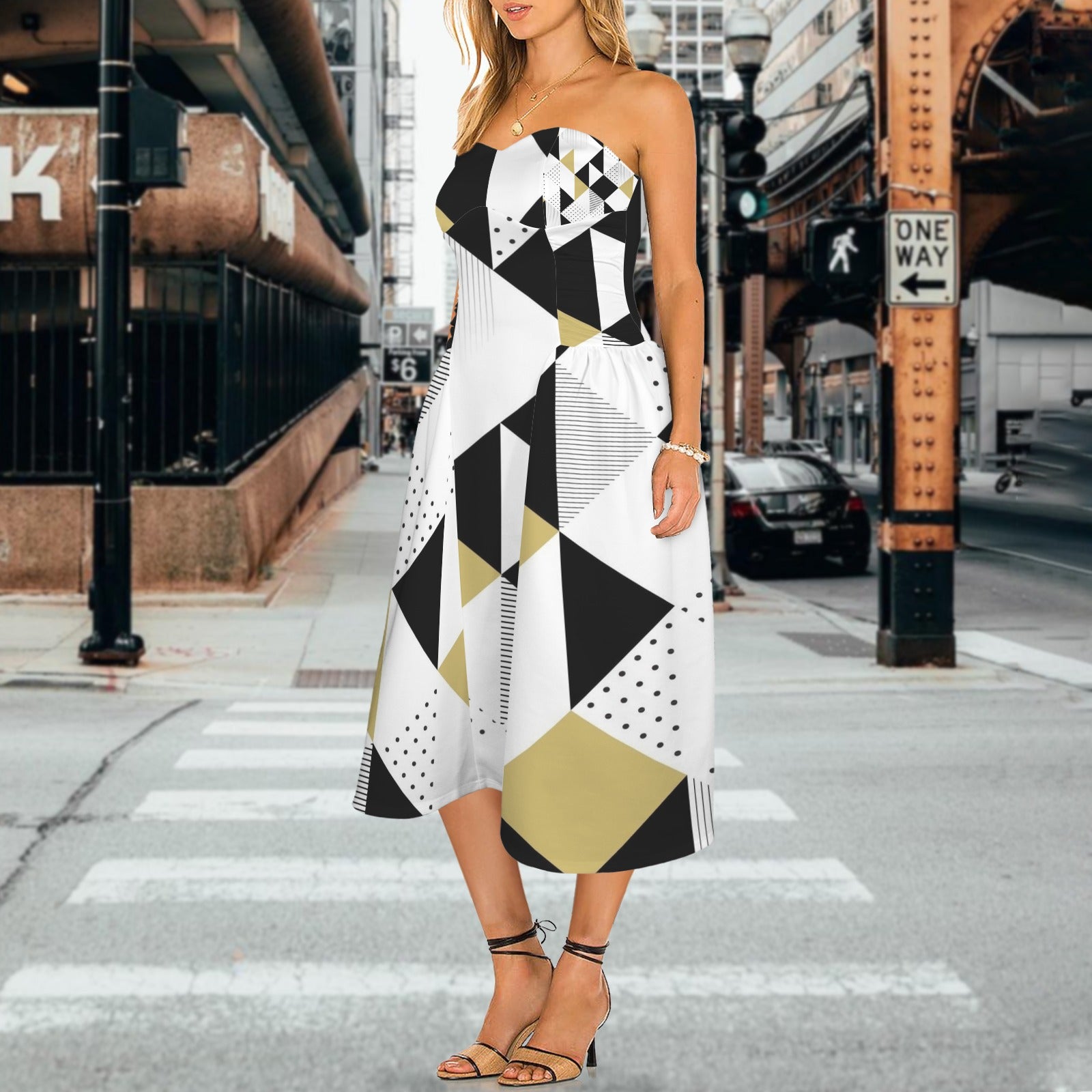 Abstract Seamless Pattern Women's Strapless Waist-Cinched Flowy Maxi Dress
