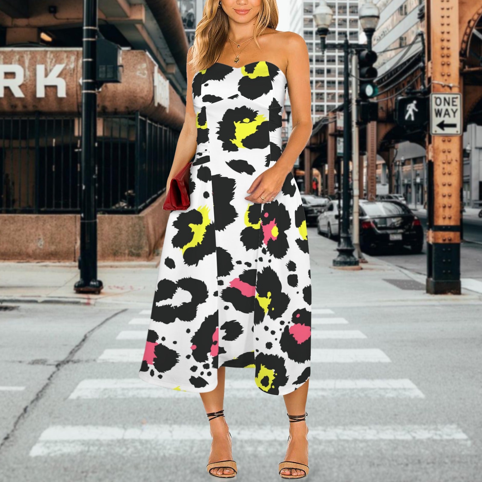 Women's Strapless Waist-Cinched Flowy Maxi Dress