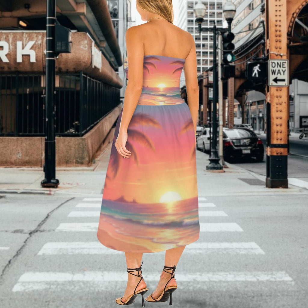 Sunrise Palm Women's Strapless Waist-Cinched Flowy Maxi Dress