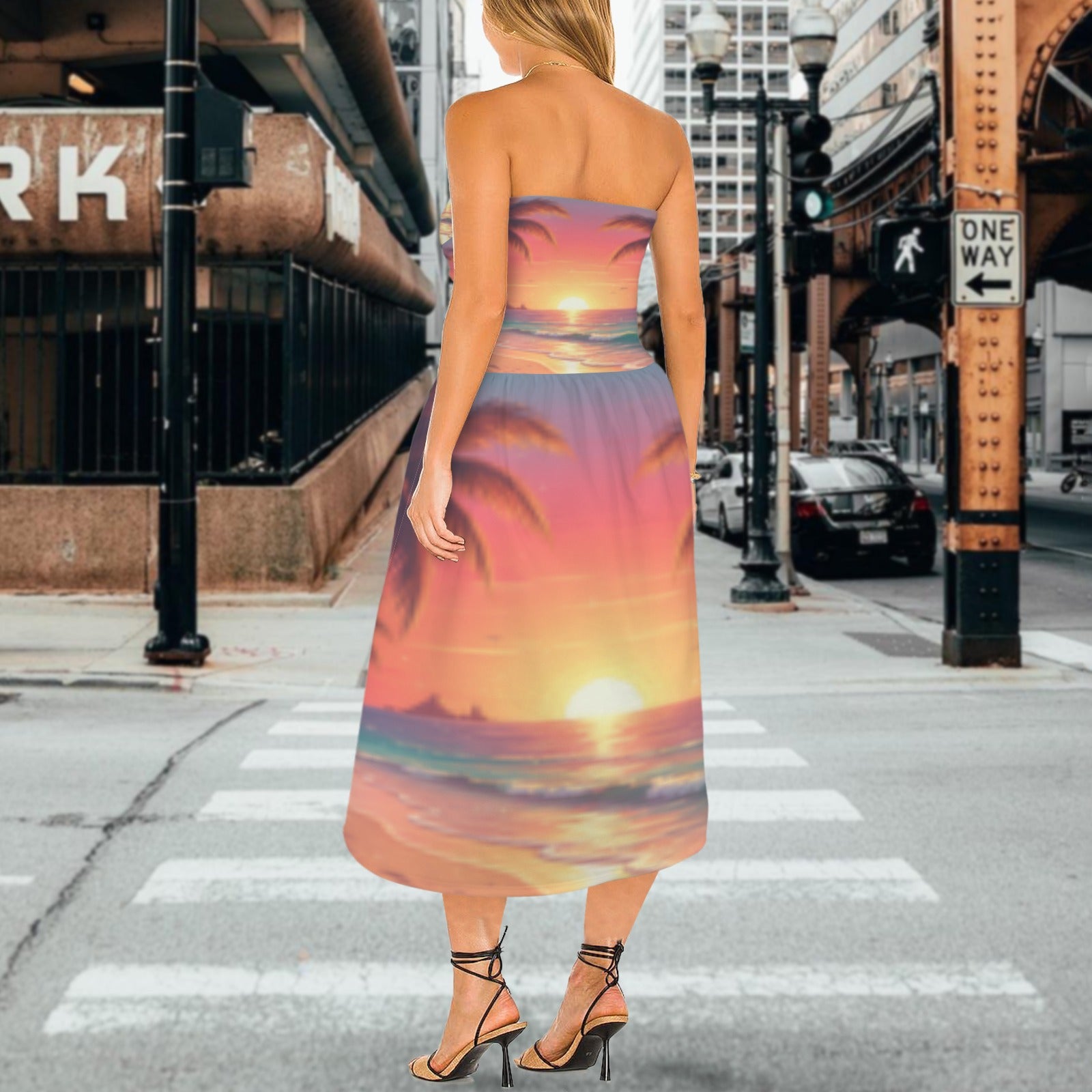 Sunrise Palm Women's Strapless Waist-Cinched Flowy Maxi Dress