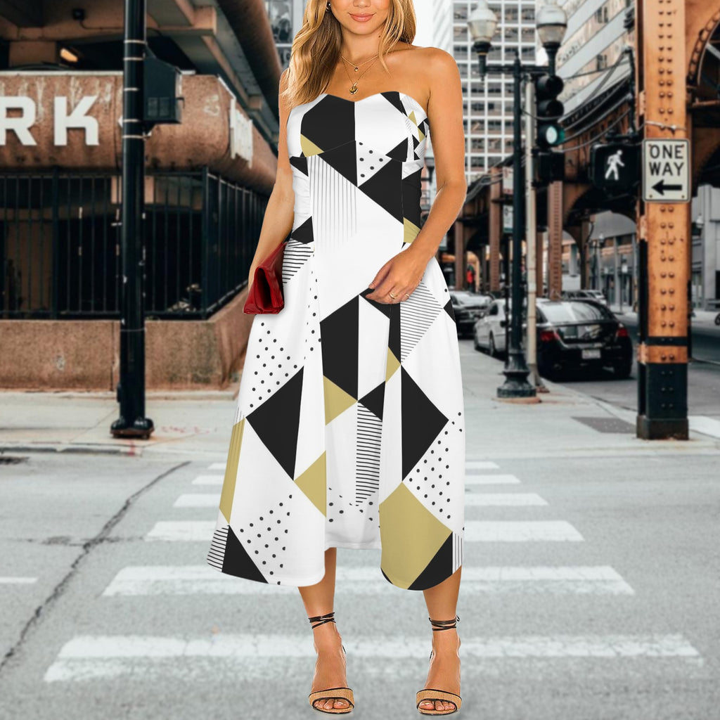 Abstract Seamless Pattern Women's Strapless Waist-Cinched Flowy Maxi Dress
