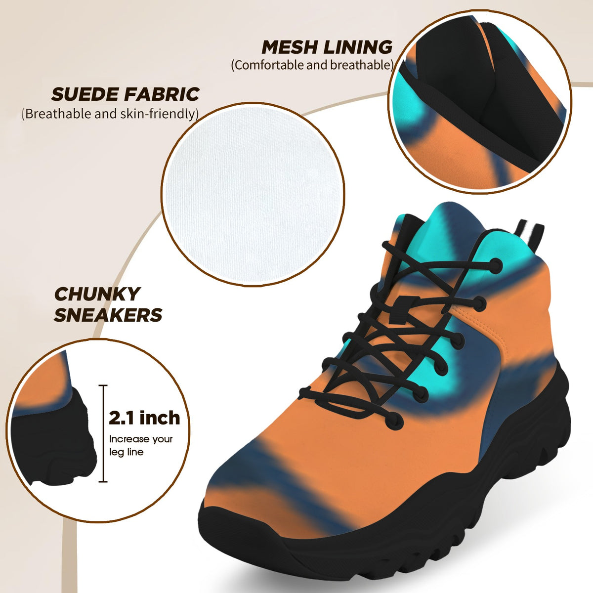Orange Wave Women's High-Top Outdoor Chunky Sneakers (Black)