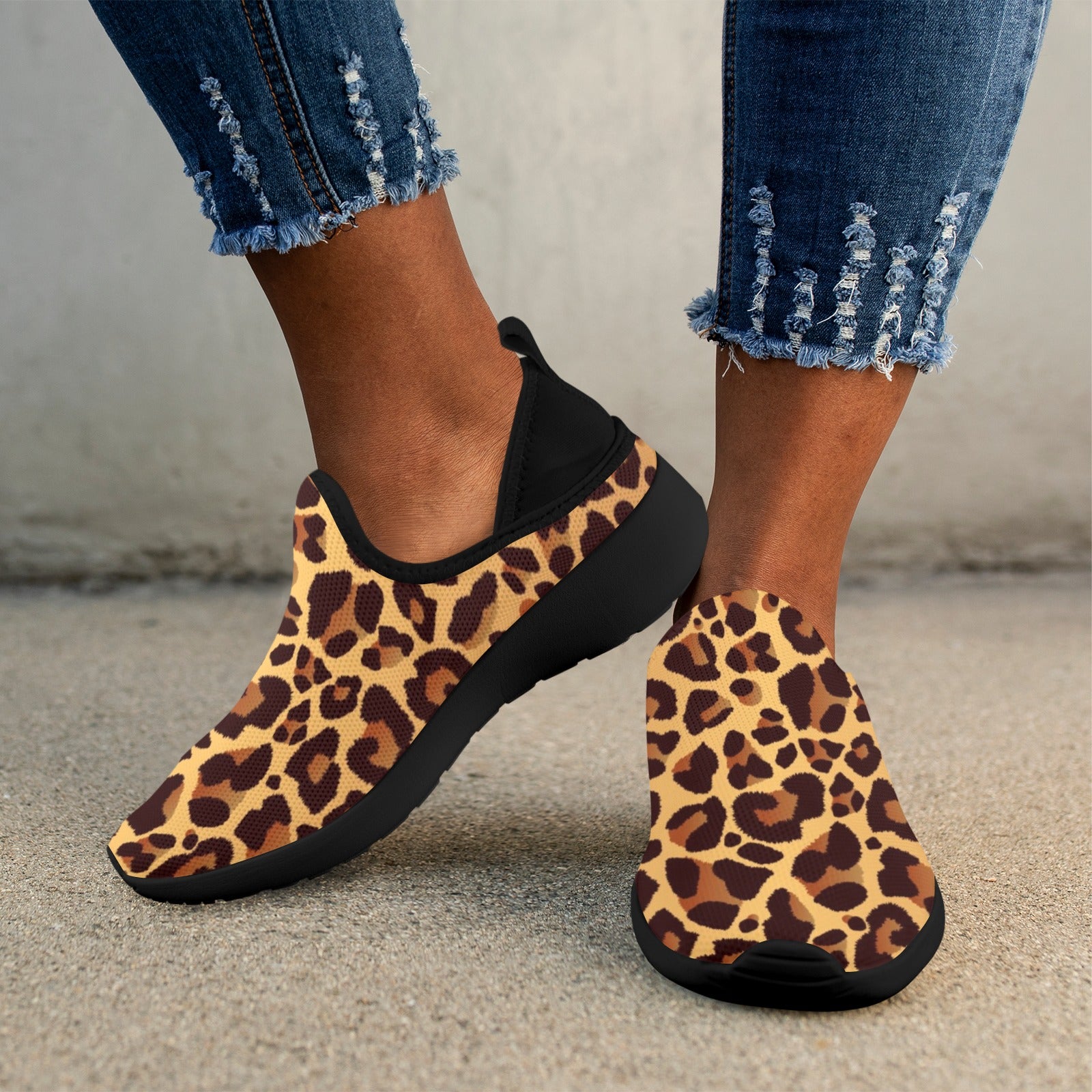 Leopard Fly Weave Sneakers Drop-in-Heel for Women(Model 02002)