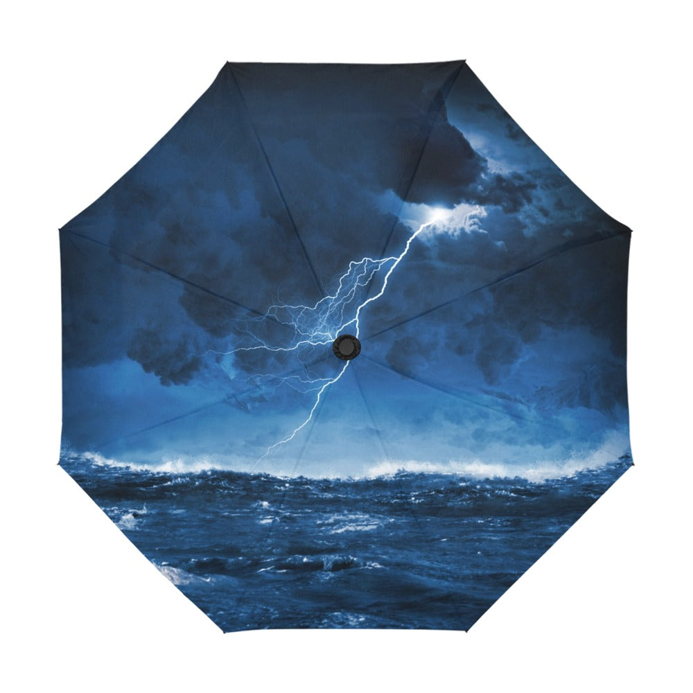 Image of Night Stormy Sea with  Big Waves and lightning Anti-UV Auto-Foldable Umbrella (Model U09)