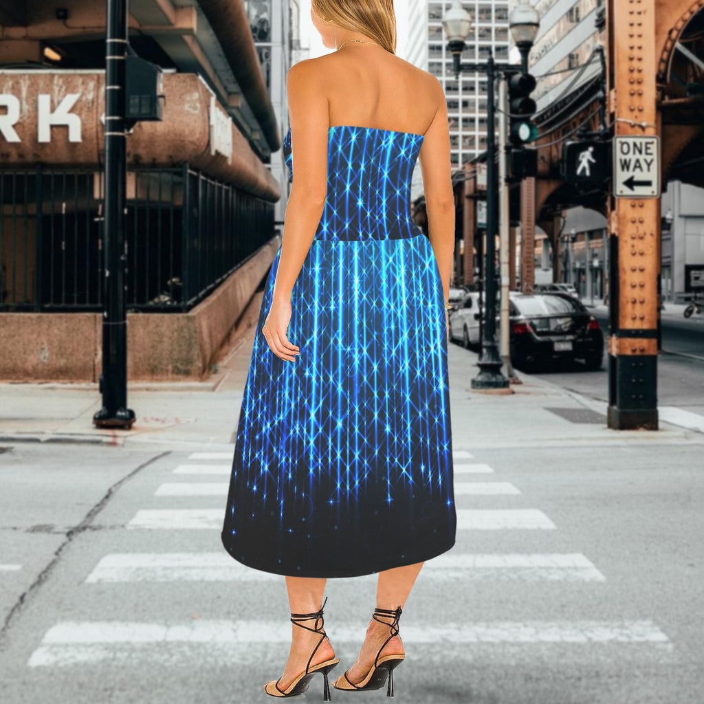 Bright Neon Stripes of light  Women's Strapless Waist-Cinched Flowy Maxi Dress