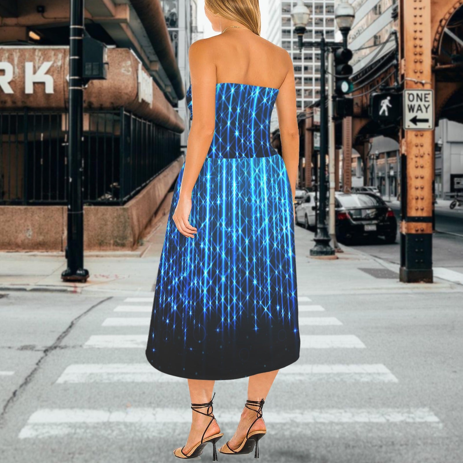 Bright Neon Stripes of light  Women's Strapless Waist-Cinched Flowy Maxi Dress